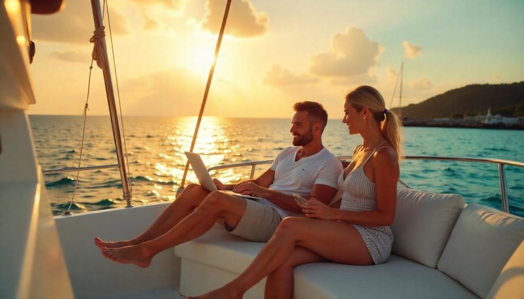 Family using hotspot during internet access on open waters in Caribbean.